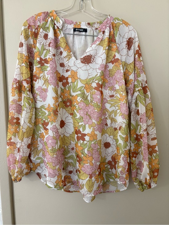 BTFBM Tops - BTFBM White Floral V-Neck Long Sleeve Blouse with Pink and Orange Blooms